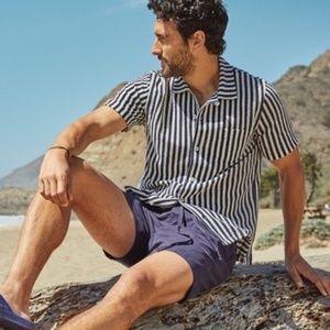 Vertical Stripe Terry Cloth Button Down Camp Cuban Collar